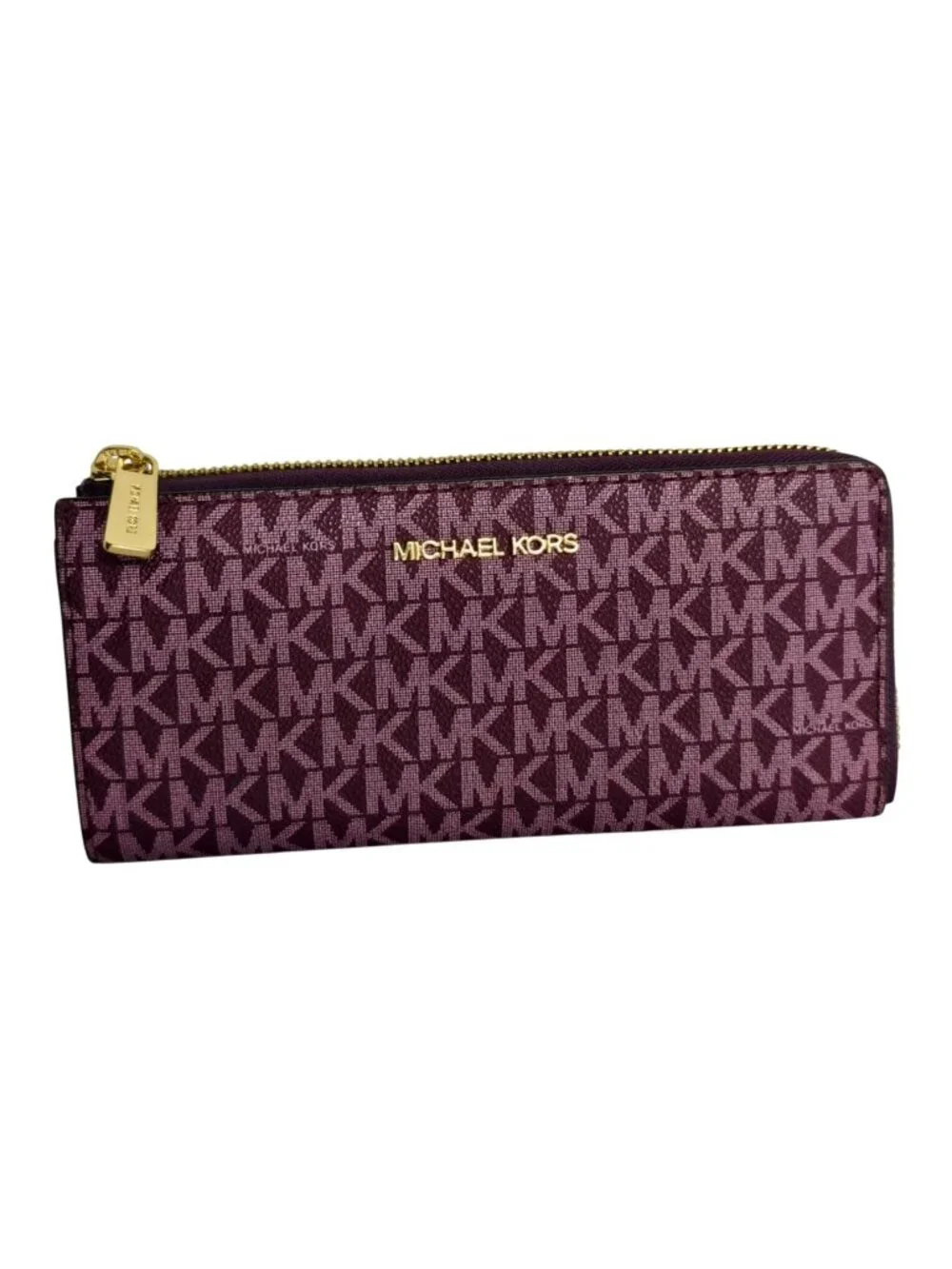 Michael Kors Jet Set Travel Large Zip Wallet Leather Plum Gold Designer New